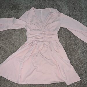 SHEIN Pink Wrap Peplum Dress with Bishop Sleeves